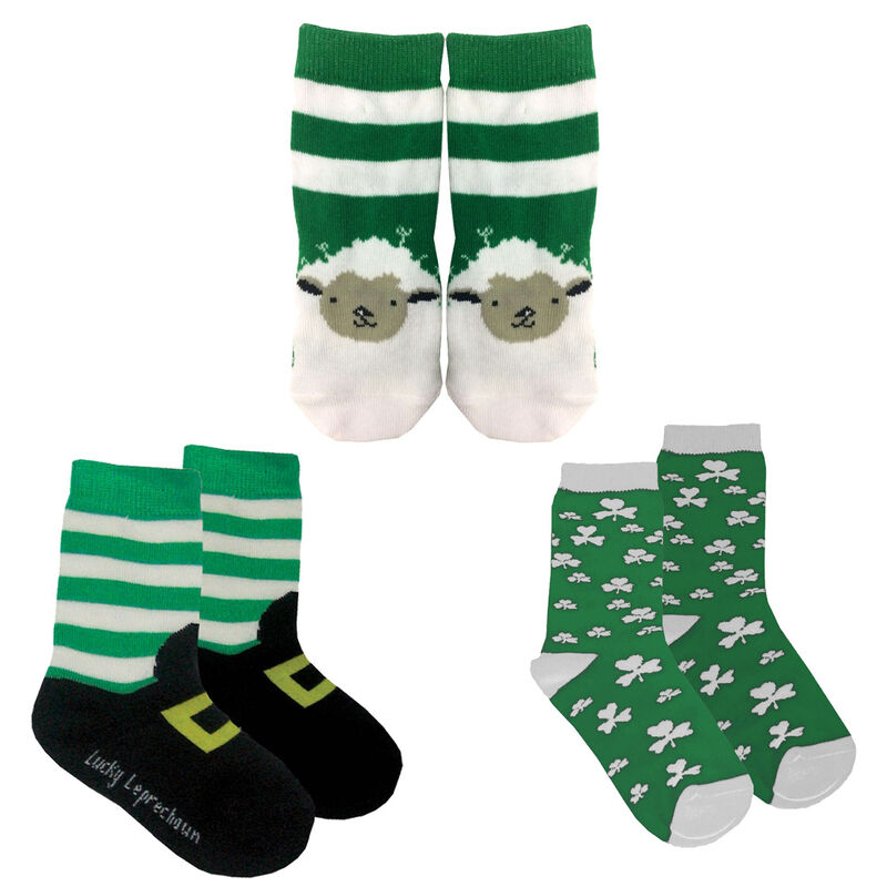 Set of 3 Irish Designed Kids Socks - Leprechaun boots, Shamrock Design & Sheep Designed Socks